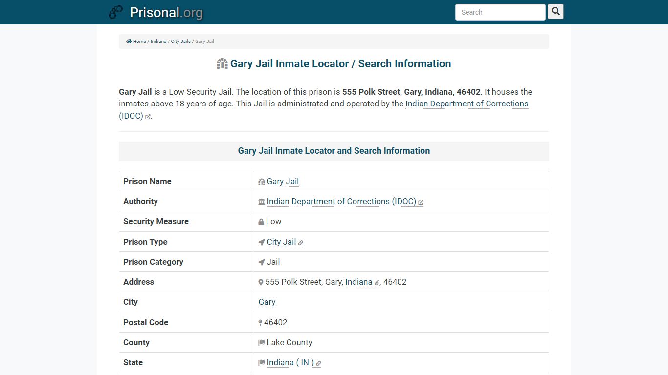 Gary Jail-Inmate Locator/Search Info, Phone, Fax, Email ...